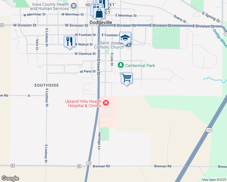 map of restaurants, bars, coffee shops, grocery stores, and more near 717 South Linn Street in Dodgeville