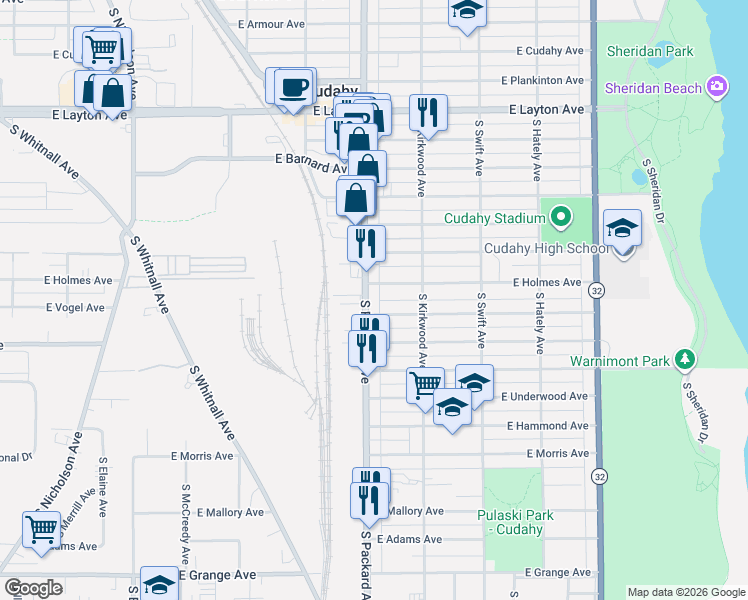 map of restaurants, bars, coffee shops, grocery stores, and more near 5018 South Packard Avenue in Cudahy