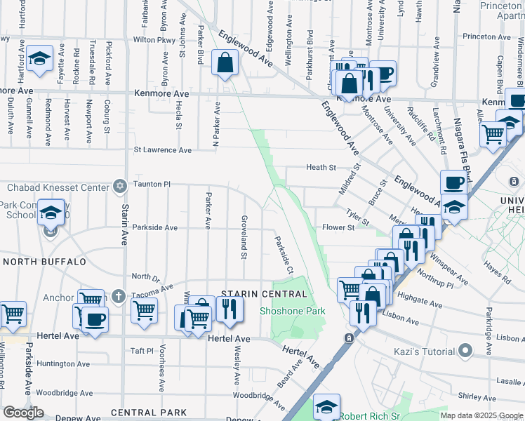 map of restaurants, bars, coffee shops, grocery stores, and more near Taunton Pl & Shoshone St in Buffalo