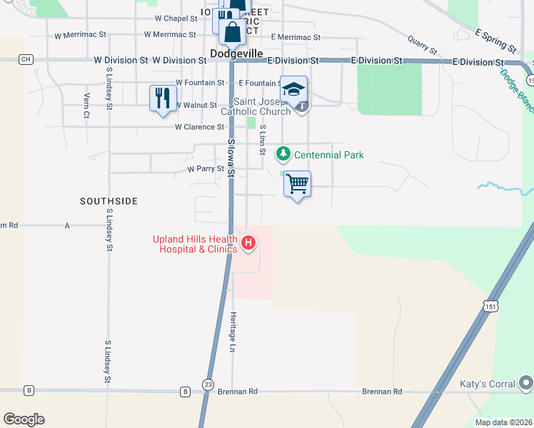 map of restaurants, bars, coffee shops, grocery stores, and more near 717 South Linn Street in Dodgeville