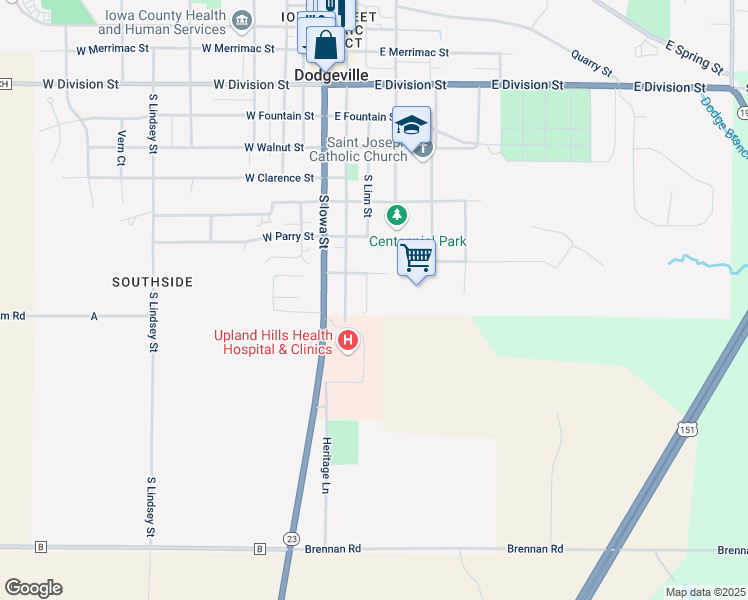 map of restaurants, bars, coffee shops, grocery stores, and more near 717 South Linn Street in Dodgeville