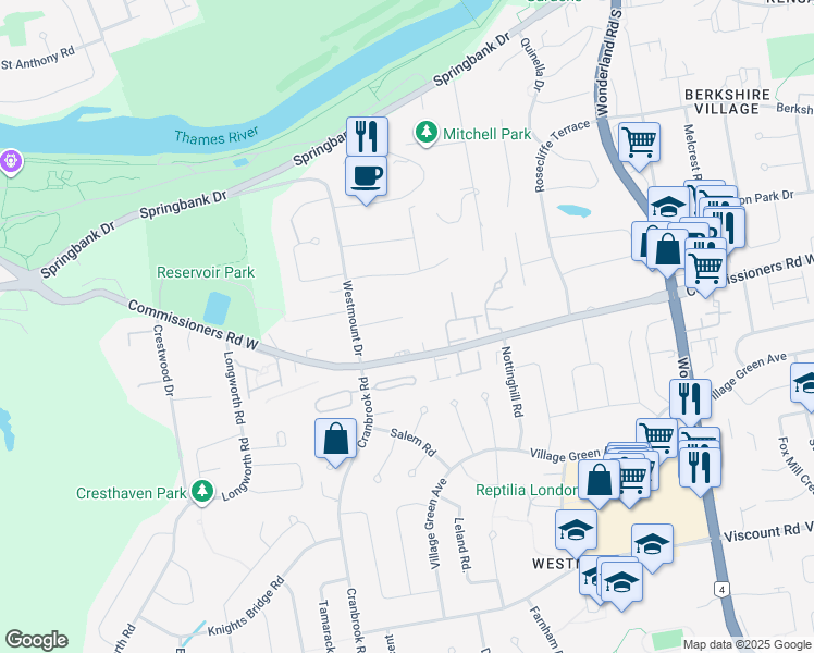 map of restaurants, bars, coffee shops, grocery stores, and more near 729 Commissioners Road West in London