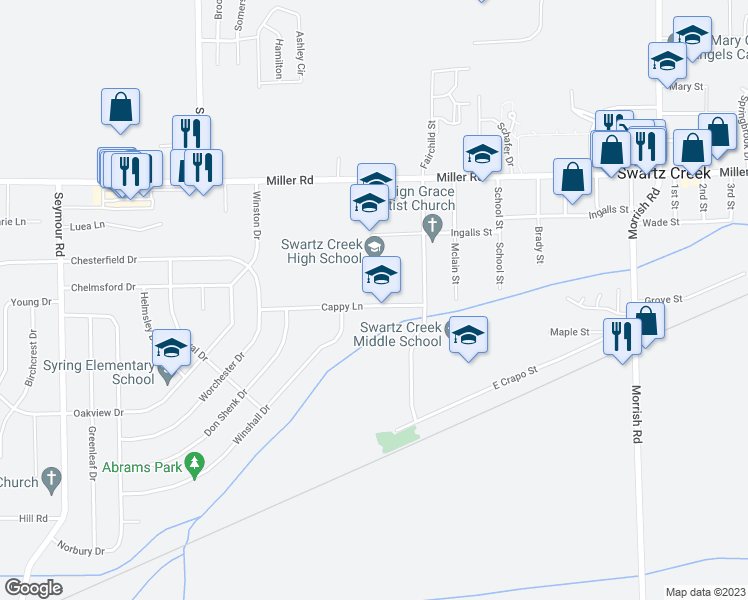 map of restaurants, bars, coffee shops, grocery stores, and more near 8342 Cappy Lane in Swartz Creek