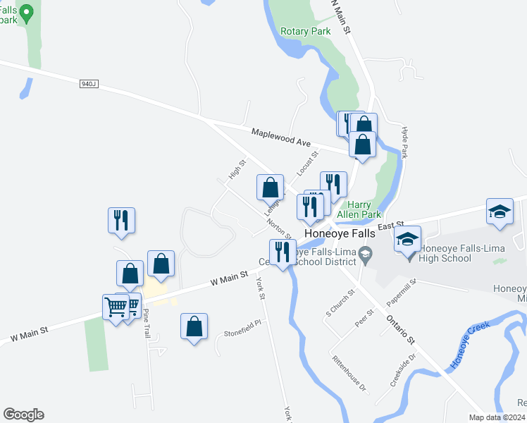 map of restaurants, bars, coffee shops, grocery stores, and more near 25 Norton Street in Honeoye Falls