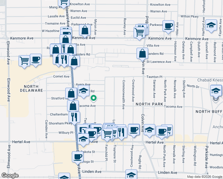 map of restaurants, bars, coffee shops, grocery stores, and more near 223 Virgil Avenue in Buffalo