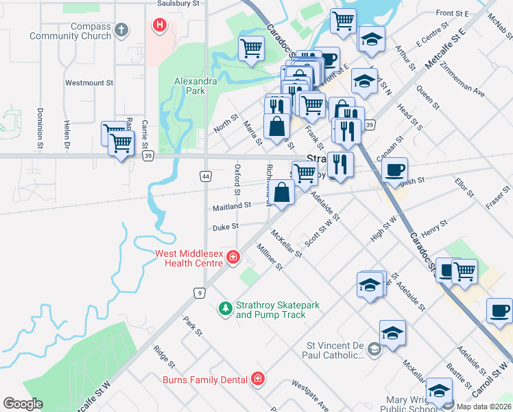 map of restaurants, bars, coffee shops, grocery stores, and more near 169 Maitland Street in Strathroy