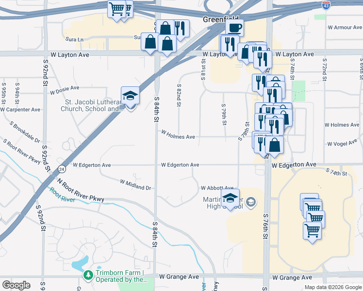 map of restaurants, bars, coffee shops, grocery stores, and more near 8201 West Holmes Avenue in Milwaukee