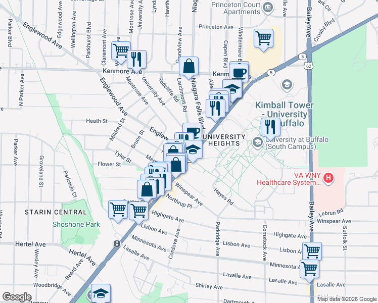 map of restaurants, bars, coffee shops, grocery stores, and more near 9 Englewood Avenue in Buffalo