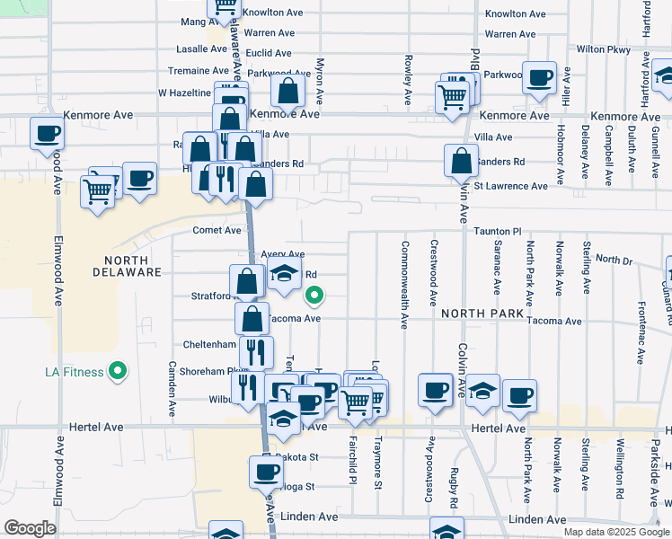 map of restaurants, bars, coffee shops, grocery stores, and more near 302 Hartwell Road in Buffalo
