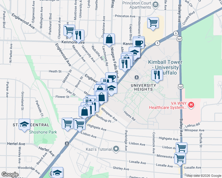 map of restaurants, bars, coffee shops, grocery stores, and more near 3288 Main Street in Buffalo