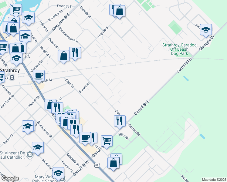 map of restaurants, bars, coffee shops, grocery stores, and more near 295 Mogg Street in Strathroy