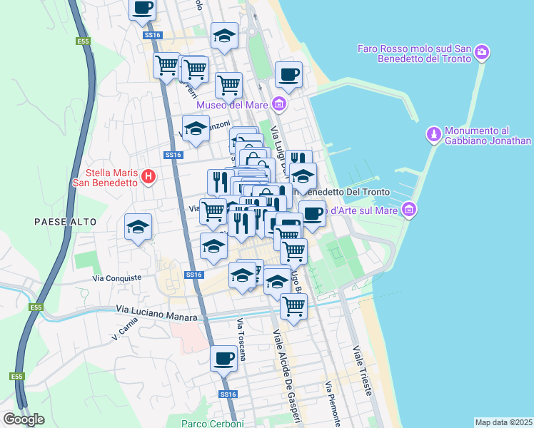 map of restaurants, bars, coffee shops, grocery stores, and more near 106 Via Roma in San Benedetto del Tronto