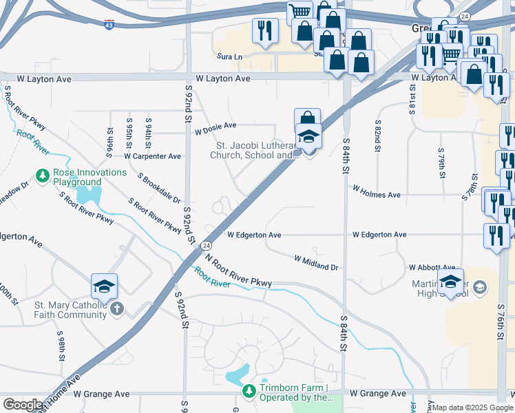 map of restaurants, bars, coffee shops, grocery stores, and more near 8840 South Woodlawn Place in Greenfield