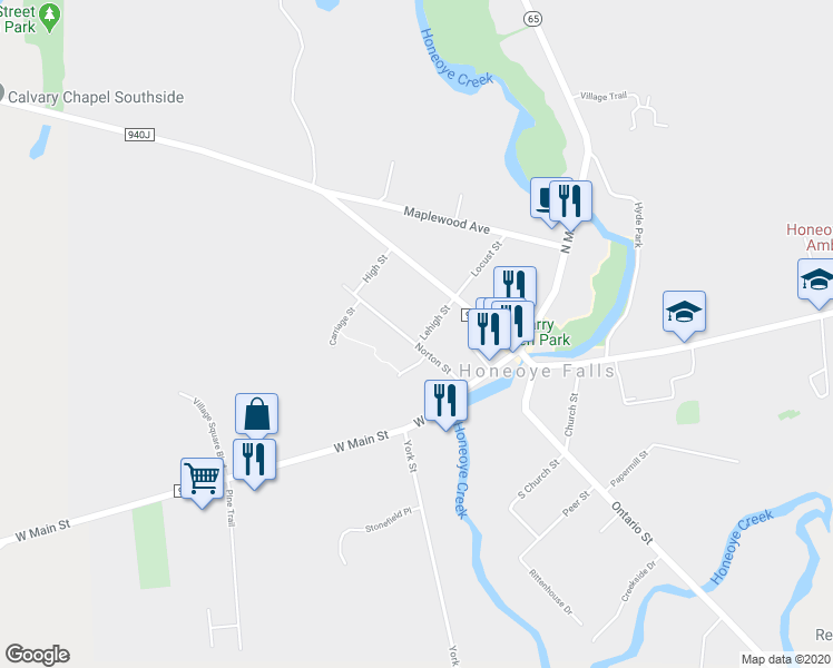 map of restaurants, bars, coffee shops, grocery stores, and more near 4 Lehigh Street in Honeoye Falls