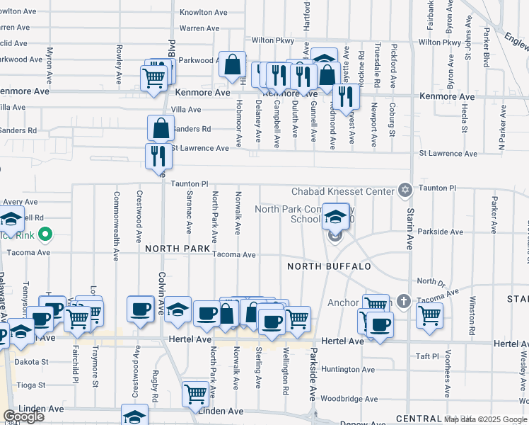 map of restaurants, bars, coffee shops, grocery stores, and more near 336 Sterling Avenue in Buffalo