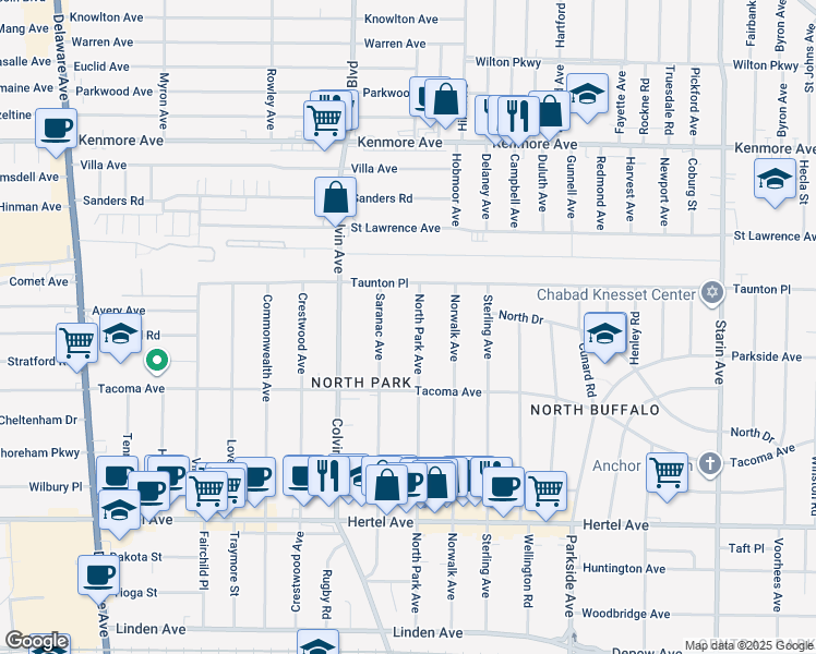 map of restaurants, bars, coffee shops, grocery stores, and more near 342 North Park Avenue in Buffalo