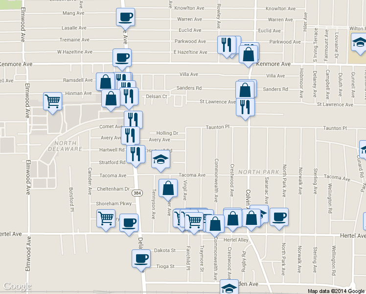 map of restaurants, bars, coffee shops, grocery stores, and more near 223 Virgil Avenue in Buffalo