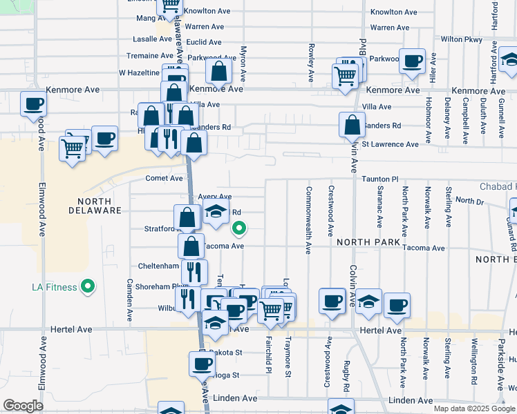 map of restaurants, bars, coffee shops, grocery stores, and more near 19 Avery Avenue in Buffalo