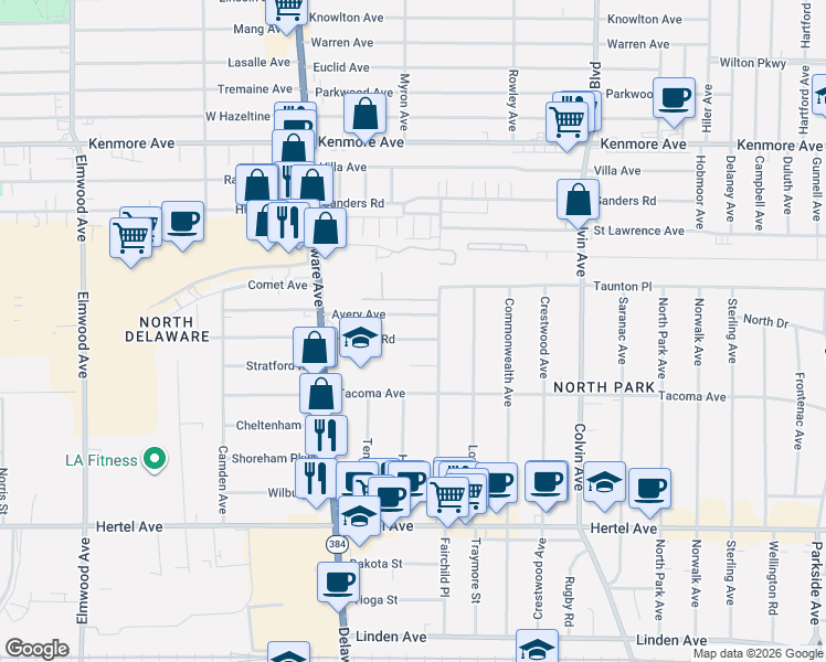 map of restaurants, bars, coffee shops, grocery stores, and more near 19 Avery Avenue in Buffalo