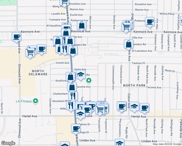 map of restaurants, bars, coffee shops, grocery stores, and more near 19 Avery Avenue in Buffalo