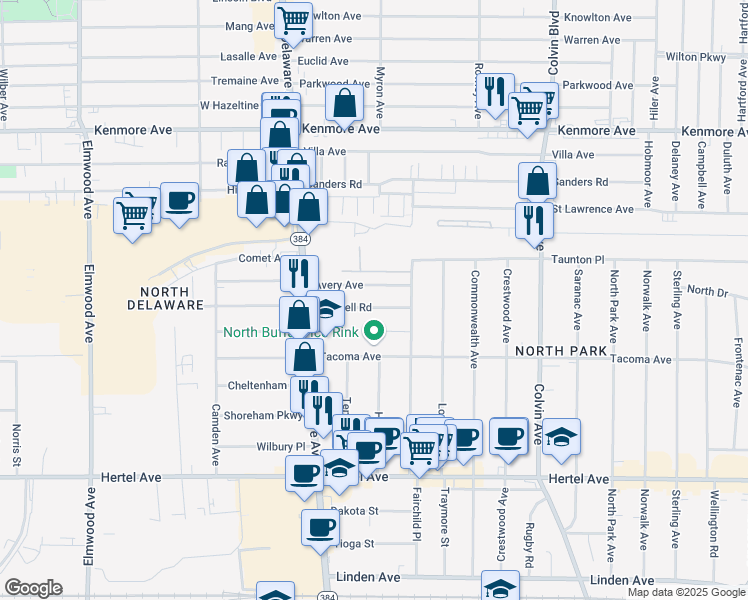 map of restaurants, bars, coffee shops, grocery stores, and more near 19 Avery Avenue in Buffalo