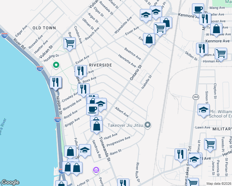 map of restaurants, bars, coffee shops, grocery stores, and more near 218 Crowley Avenue in Buffalo