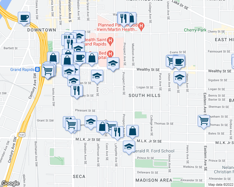 map of restaurants, bars, coffee shops, grocery stores, and more near 501 Lafayette Avenue Southeast in Grand Rapids