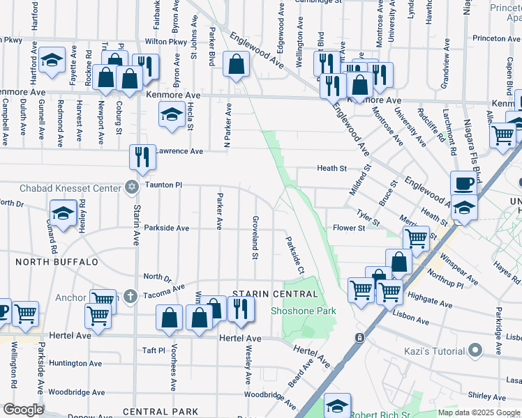 map of restaurants, bars, coffee shops, grocery stores, and more near 734 Taunton Place in Buffalo