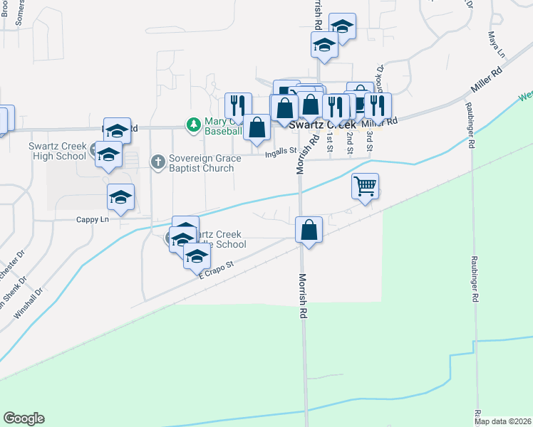 map of restaurants, bars, coffee shops, grocery stores, and more near 5152 Morrish Road in Swartz Creek