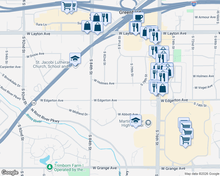 map of restaurants, bars, coffee shops, grocery stores, and more near 8201 West Holmes Avenue in Milwaukee