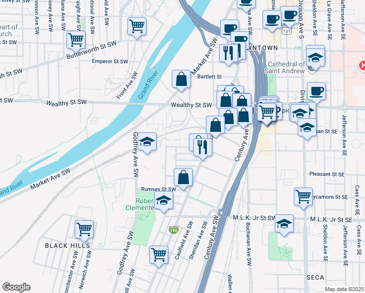 map of restaurants, bars, coffee shops, grocery stores, and more near 425 Pleasant Street Southwest in Grand Rapids