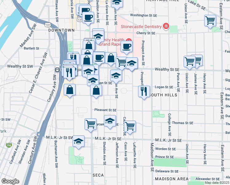 map of restaurants, bars, coffee shops, grocery stores, and more near 531 Jefferson Avenue Southeast in Grand Rapids