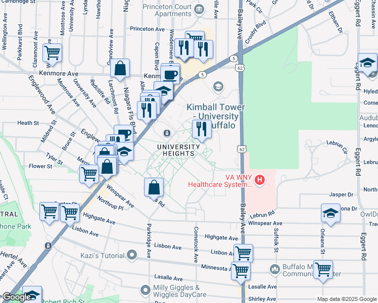 map of restaurants, bars, coffee shops, grocery stores, and more near 3435 Main Street in Buffalo