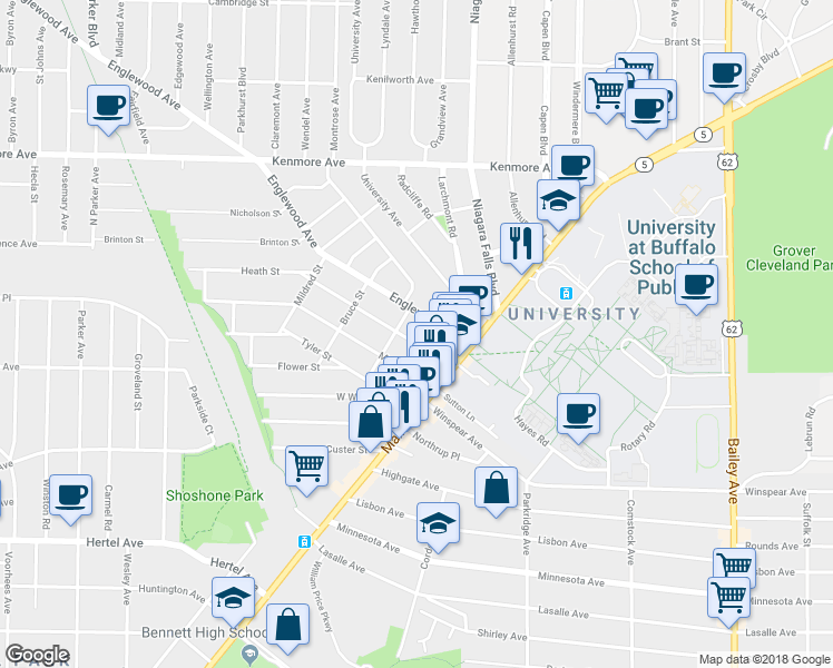 map of restaurants, bars, coffee shops, grocery stores, and more near 47 Heath Street in Buffalo