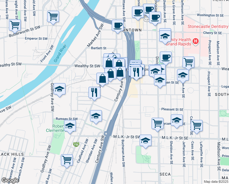map of restaurants, bars, coffee shops, grocery stores, and more near 280 Logan Street Southwest in Grand Rapids