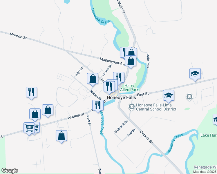 map of restaurants, bars, coffee shops, grocery stores, and more near 17 Monroe Street in Honeoye Falls