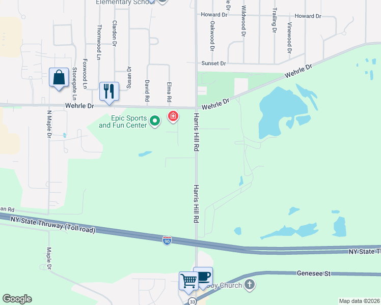 map of restaurants, bars, coffee shops, grocery stores, and more near 2829 Harris Hill Road in Buffalo