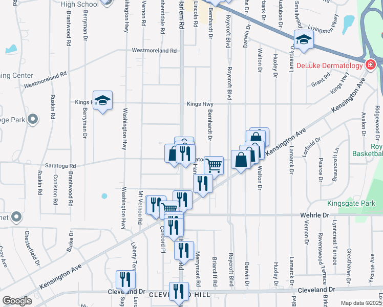 map of restaurants, bars, coffee shops, grocery stores, and more near 167 Hamilton Drive in Buffalo