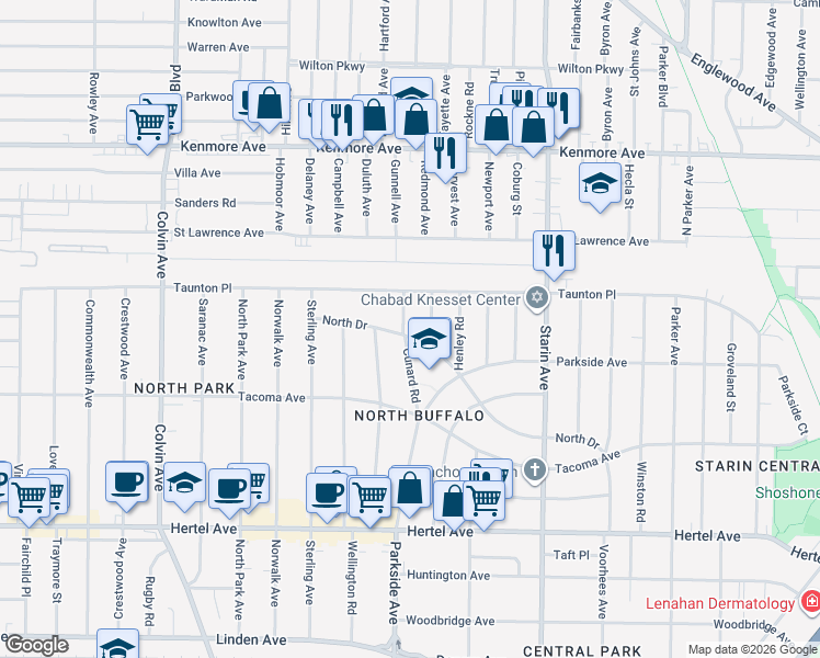 map of restaurants, bars, coffee shops, grocery stores, and more near 111 Cunard Road in Buffalo