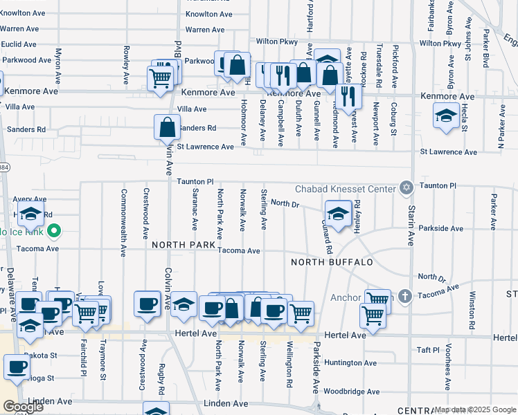 map of restaurants, bars, coffee shops, grocery stores, and more near 336 Sterling Avenue in Buffalo