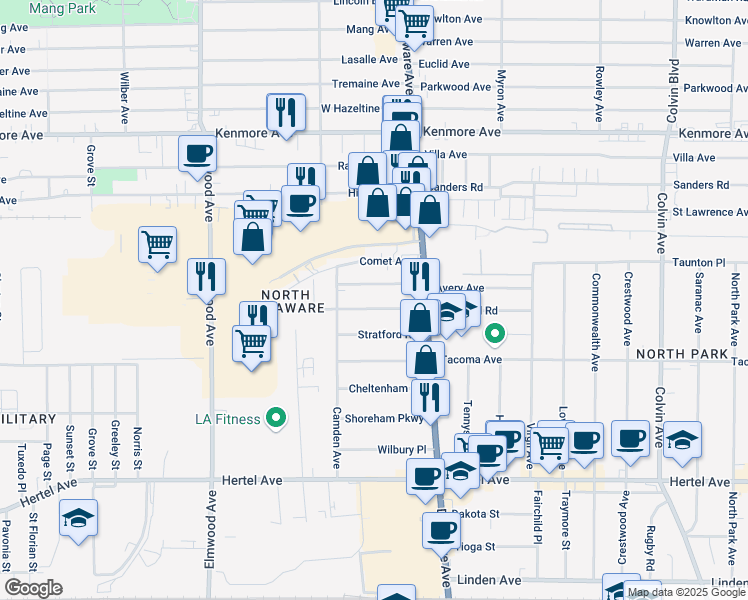 map of restaurants, bars, coffee shops, grocery stores, and more near 163 Avery Avenue in Buffalo
