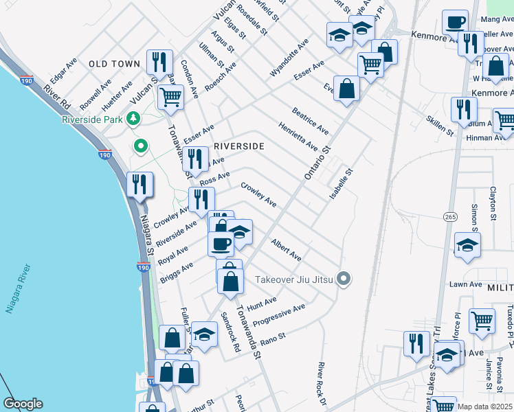 map of restaurants, bars, coffee shops, grocery stores, and more near 218 Crowley Avenue in Buffalo