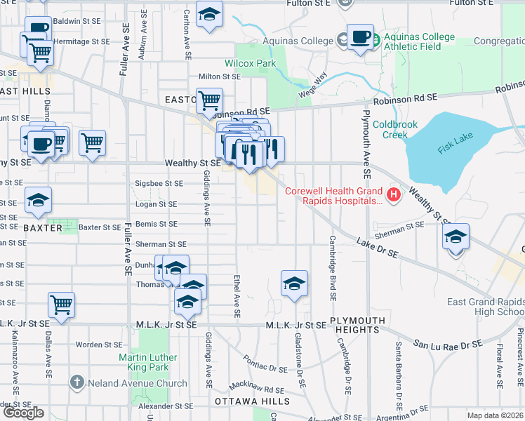 map of restaurants, bars, coffee shops, grocery stores, and more near 451 Norwood Avenue Southeast in Grand Rapids