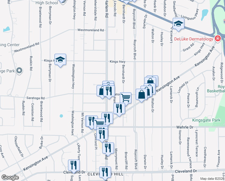 map of restaurants, bars, coffee shops, grocery stores, and more near 167 Hamilton Drive in Buffalo