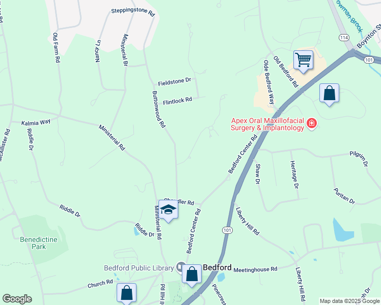 map of restaurants, bars, coffee shops, grocery stores, and more near 9 French Dr in Bedford