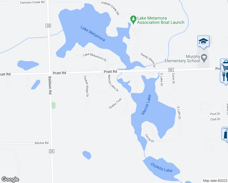 map of restaurants, bars, coffee shops, grocery stores, and more near 3574 Merritt Lake Drive in Metamora