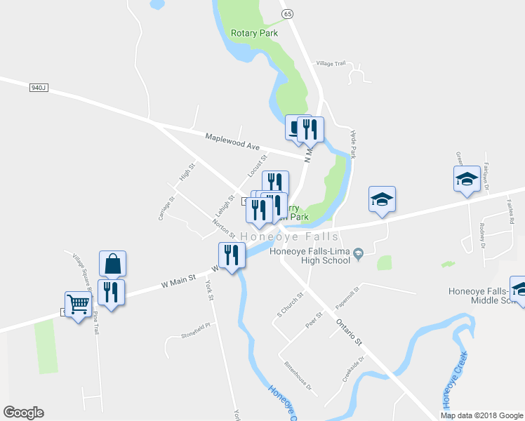 map of restaurants, bars, coffee shops, grocery stores, and more near 14 Monroe Street in Honeoye Falls