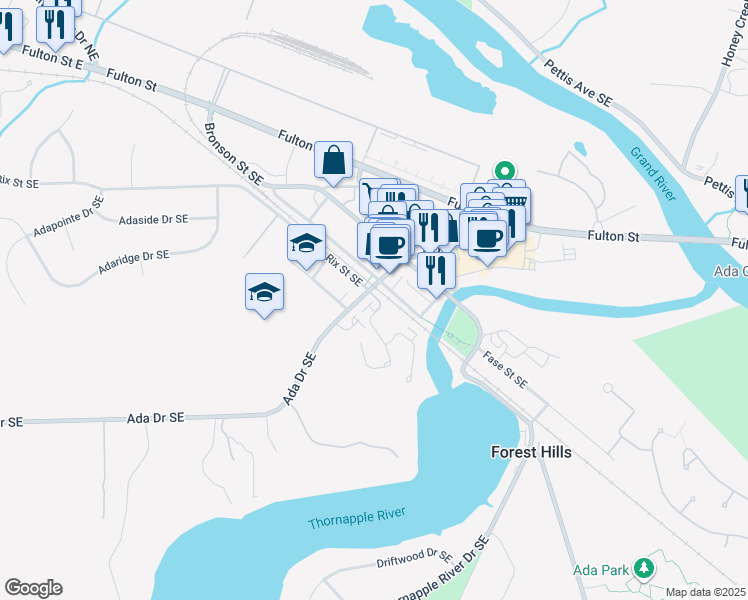 map of restaurants, bars, coffee shops, grocery stores, and more near 615 Ada Drive Southeast in Ada