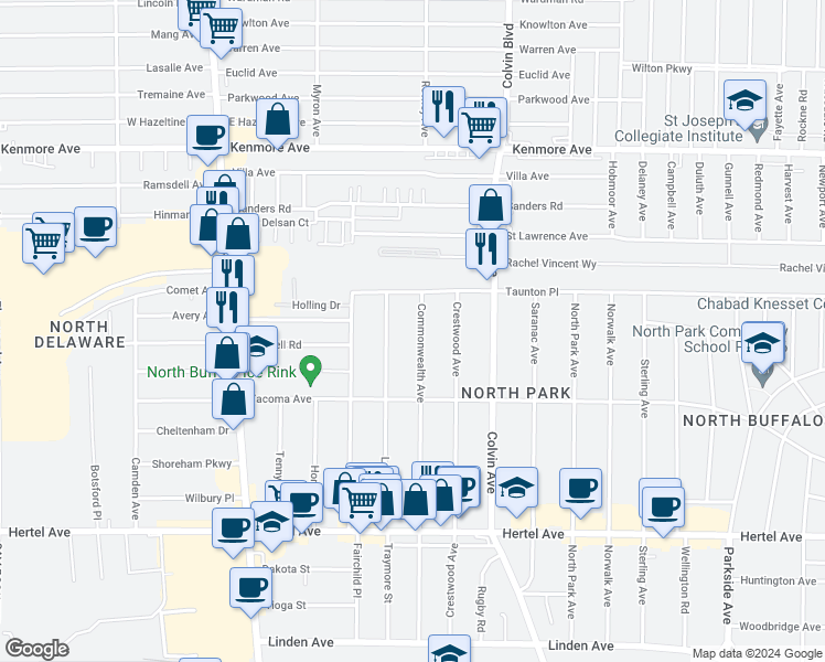 map of restaurants, bars, coffee shops, grocery stores, and more near 304 Commonwealth Avenue in Buffalo