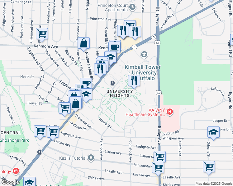 map of restaurants, bars, coffee shops, grocery stores, and more near in Buffalo